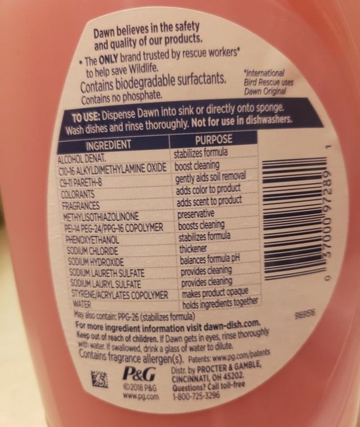 “This soap bottle lists a purpose for each ingredient.”