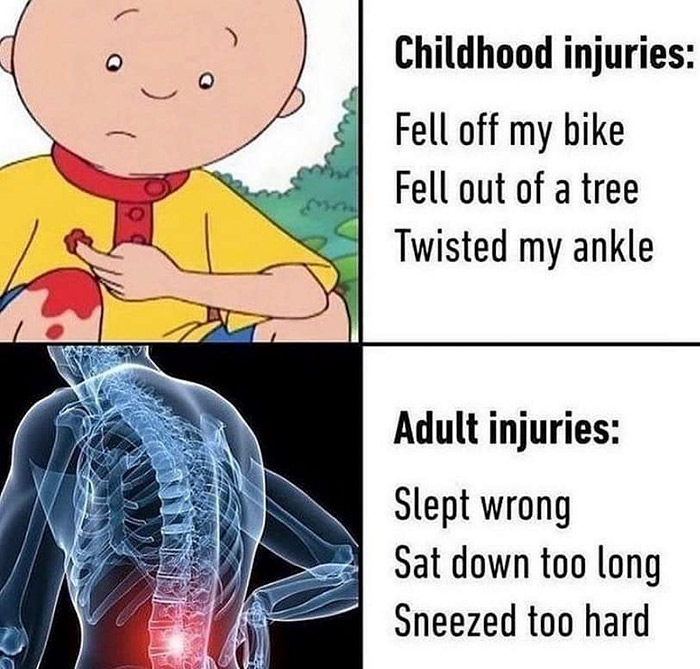 relatable memes - childhood injuries adult injuries - Childhood injuries Fell off my bike Fell out of a tree Twisted my ankle Adult injuries Slept wrong Sat down too long Sneezed too hard