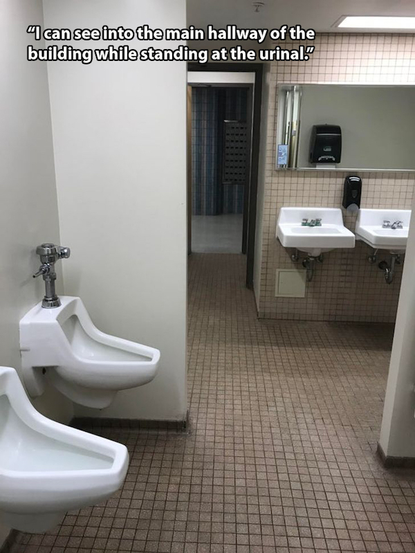 construction fails - wtf - diy fails - diwhy- floor - can see into the main hallway of the building while standing at the urinal."
