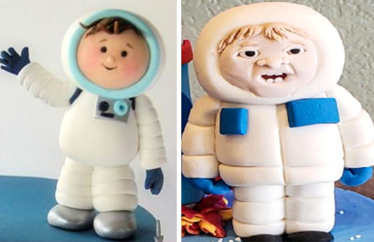 “My son turned 1 yesterday. This was the topper to his space-themed cake. Left is what we ordered, right is what we got.”