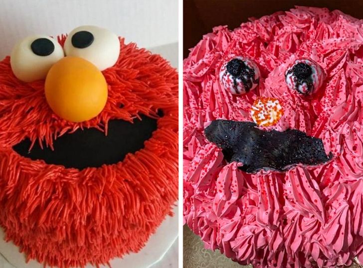 “We ordered the cake on the left and received the cake on the right. Elmo has seen better days.”