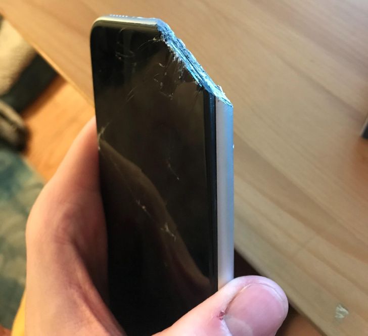 “Phone slipped out of my pocket while go-karting and became wedged under the kart. This is what I found at the end of the lap.”