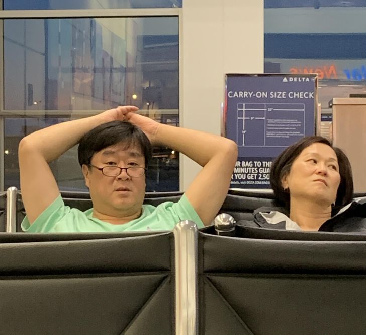 “The TSA just held us up and we missed our flight by 2 minutes to serve as medical professionals abroad. Here are my parents having a very bad day.”