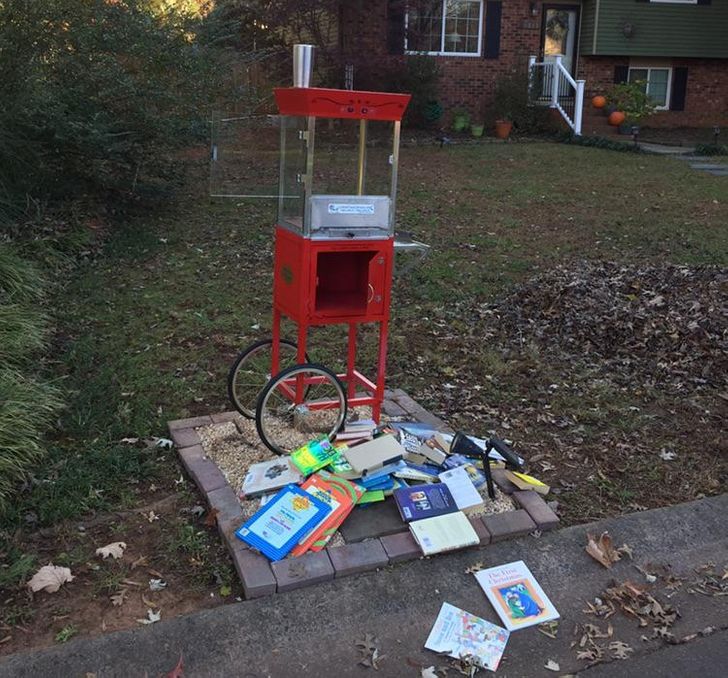 “Someone was kind enough to help rearrange the books in my little library last night.”