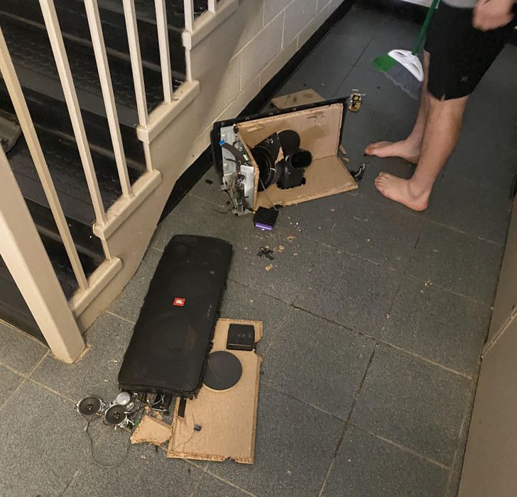 “Friend bought a new $500 speaker today and tripped on the stairs 4 stories up while carrying it above his head.”