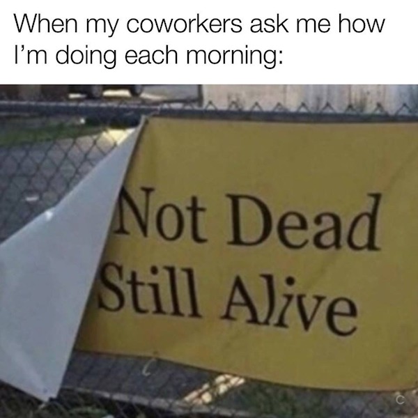 funny memes - bad luck - sign - When my coworkers ask me how I'm doing each morning Not Dead Still Alive