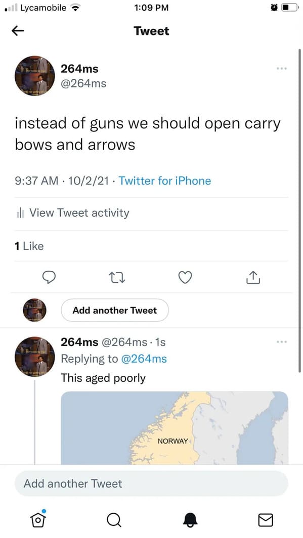 things that aged poorly - screenshot - ..l Lycamobile. Tweet 264ms instead of guns we should open carry bows and arrows 10221 Twitter for iPhone ill View Tweet activity 1 Add another Tweet 264ms . 1s This aged poorly Norway Add another Tweet I