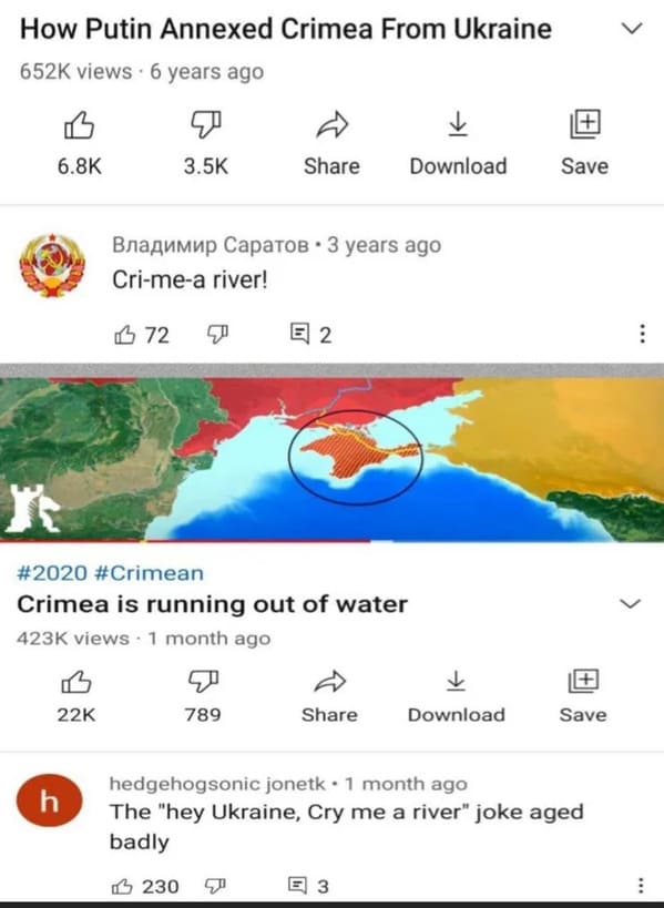 things that aged poorly - water resources - How Putin Annexed Crimea From Ukraine views 6 years ago Download Save 3 years ago Crimea river! 3 72 2 Crimea is running out of water views 1 month ago > 789 Download Save h hedgehogsonic jonetk. 1 month ago The