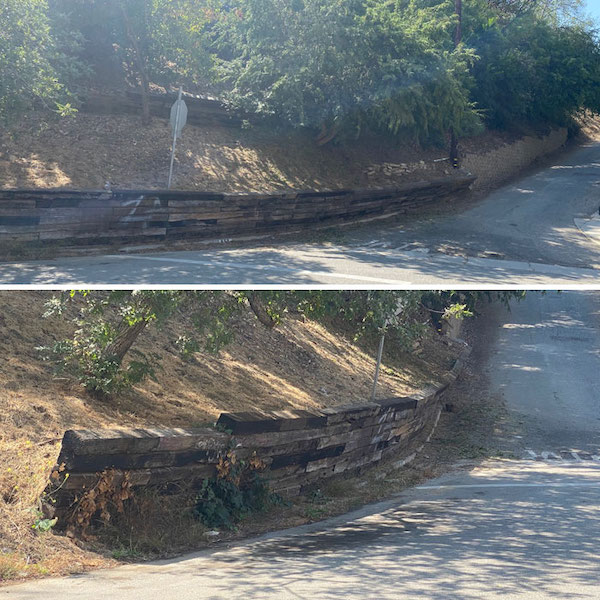 Another failing railroad tie “retaining wall” that should be replaced soon. You can see how far it has begun to lean towards the street.