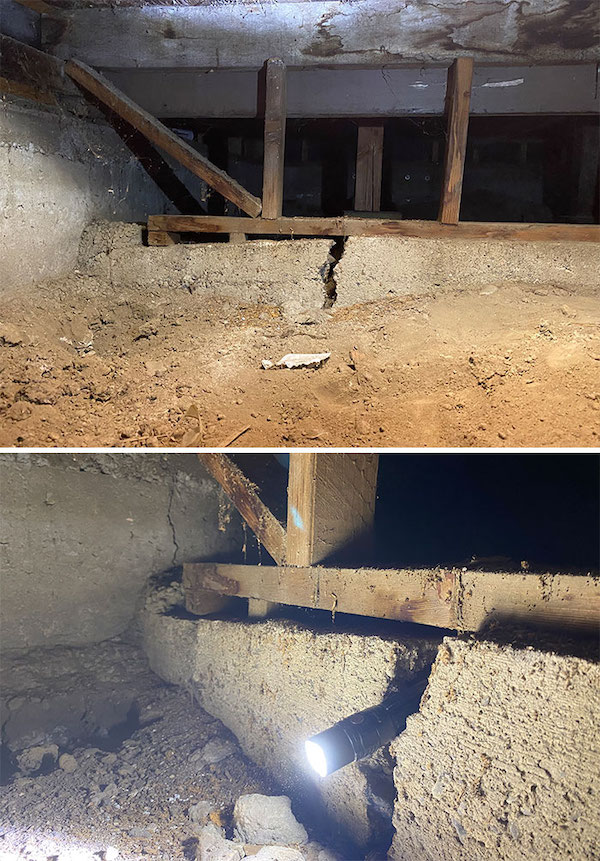 This is what no steel in the concrete and moving soil will do to your foundation.

Someone placed a few shims in there to level it all out.