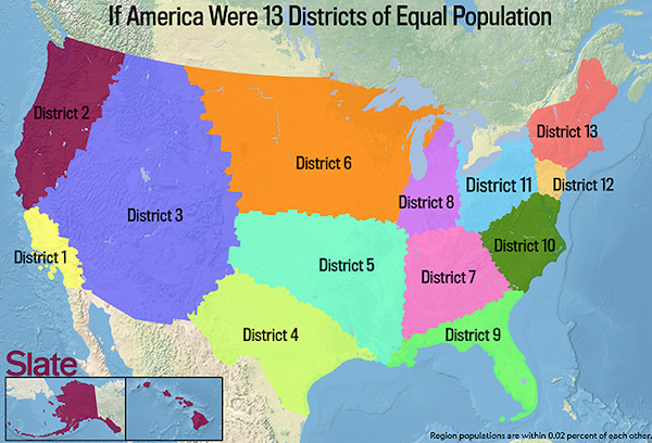charts - infographics - dystopian maps - If America Were 13 Districts of Equal Population District 2 District 13 District 6 District 11 District 12 District 8 District 3 District 10 District 1 District 5 District 7 District 4 District 9 Slate Region popul