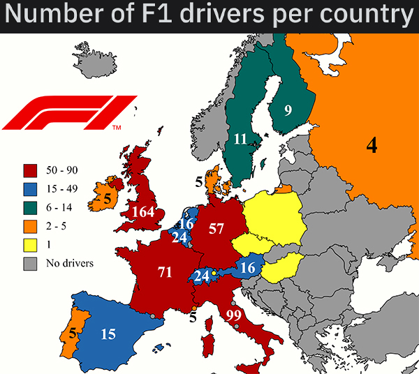 charts - infographics - gini europe map - Number of F1 drivers per country 9 Tm 11 4 50 90 1549 5 25 6 14 164" 2 5 16 57 24 1 No drivers 71 16 24. 99 5 15 B