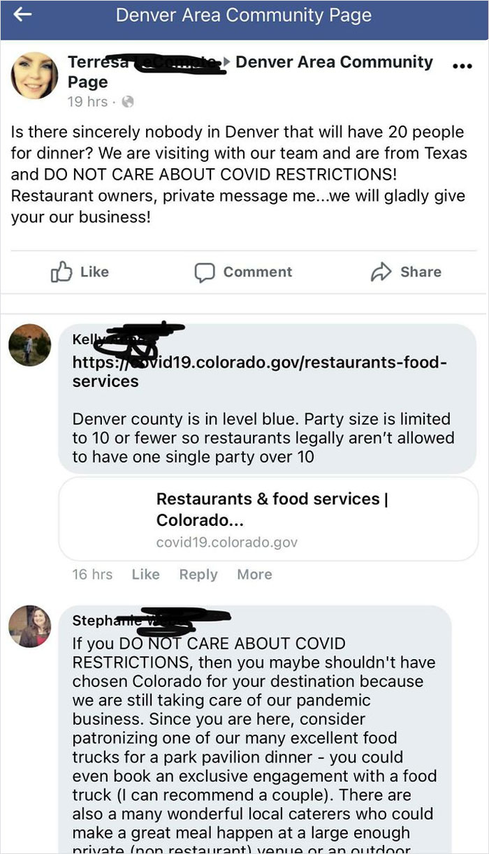 entitled people - karens - choosey beggars - web page - Denver Area Community Page Denver Area Community ... Terresta Page 19 hrs. Is there sincerely nobody in Denver that will have 20 people for dinner? We are visiting with our team and are from Texas an