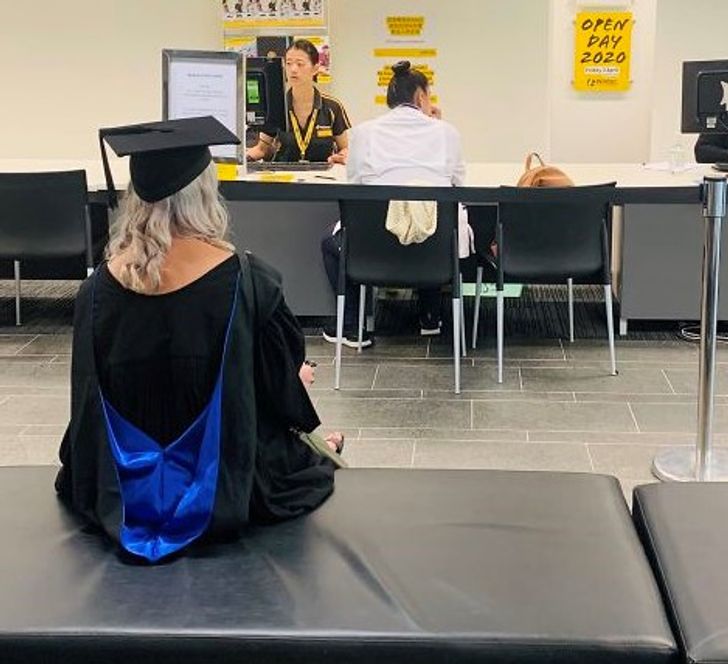 ’’My girlfriend’s graduation is canceled, so she’s picking up her degree from the student desk.’’