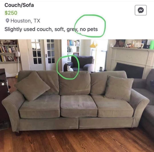 wtf things being sold online - slightly used couch no pets - CouchSofa $250 Houston, Tx Slightly used couch, soft, grey, no pets