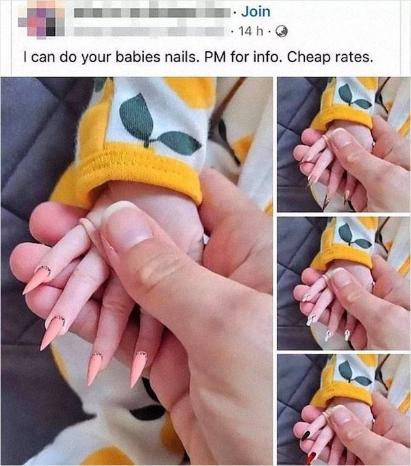 wtf things being sold online - baby with acrylic nails - 1. Join 14 h. . I can do your babies nails. Pm for info. Cheap rates.