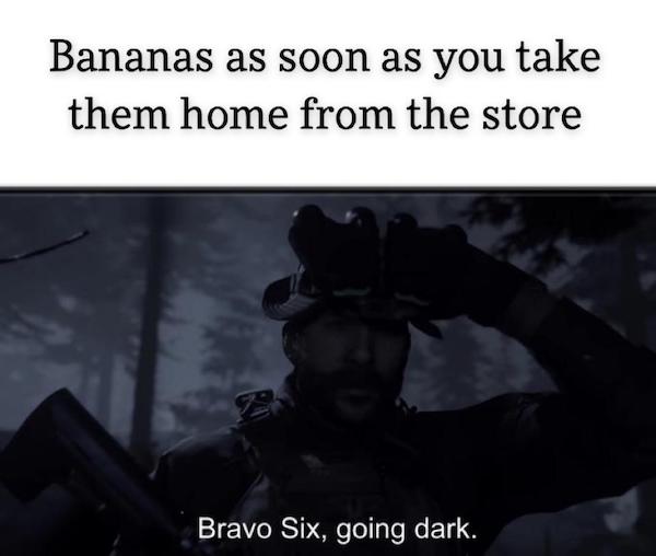 bravo six going gay meme - Bananas as soon as you take them home from the store Bravo Six, going dark.