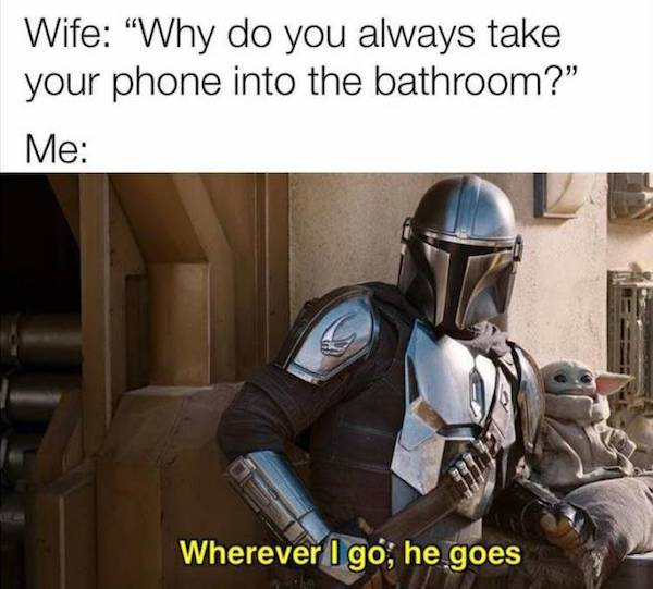 Wife "Why do you always take your phone into the bathroom?" Me Wherever I go, he goes