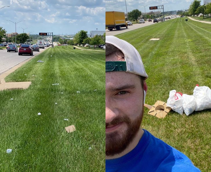 A man decided to spend his lunch break cleaning up his community.