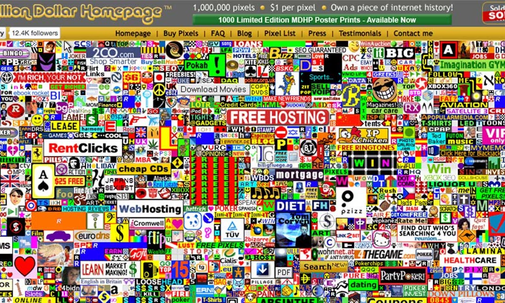 Aguy made $1,000,000 by selling each pixel on a 1000 x 1000 pixel web page for $1 a pixel. The Million Dollar Homepage was created in 2005 to raise money for his university fees. The inventor went on to create a company today valued at $250m.