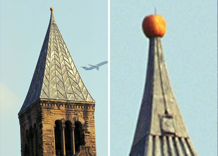 that in 1997, a 50-pound pumpkin was speared atop a tower at Cornell University, 173 feet in the air. It stayed in place for months. Alumni are still trying to figure out who did it without being noticed -- and how.