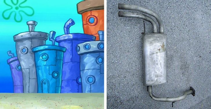 The houses in SpongeBob are made of trash. As the fans of SpongeBob SquarePants noticed, the shapes of the houses in the cartoon are very much like car mufflers people threw away into the ocean.