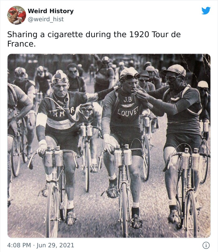 odd history facts and pics  - - 1920 tour de france - Weird History Sharing a cigarette during the 1920 Tour de France. J.B Prmor Louvet 0