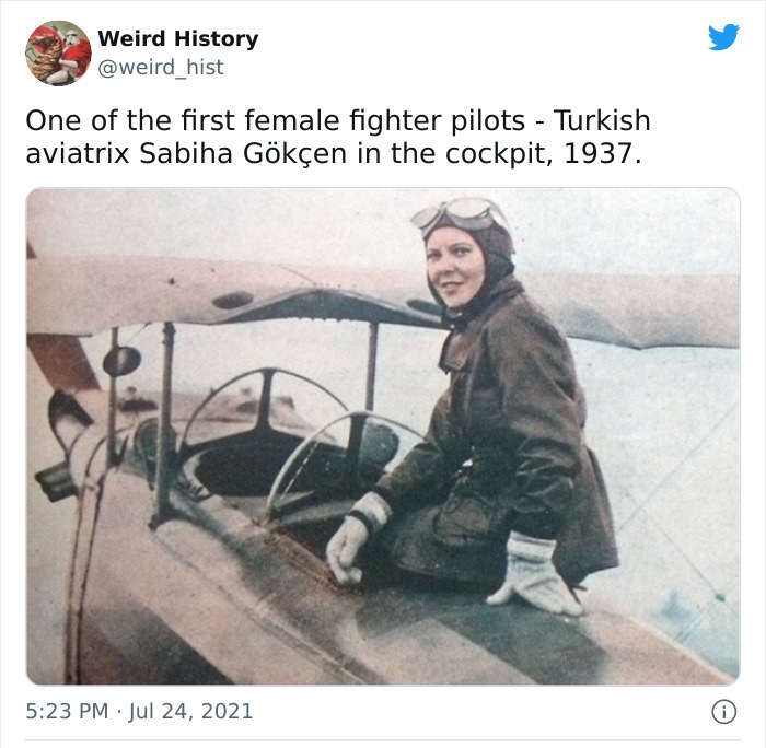 odd history facts and pics  - latifa el nadi - Weird History One of the first female fighter pilots Turkish aviatrix Sabiha Gken in the cockpit, 1937. 6