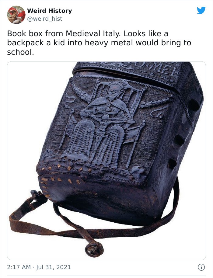 odd history facts and pics  - medieval book box - Weird History Book box from Medieval Italy. Looks a backpack a kid into heavy metal would bring to school. Me Ora 0