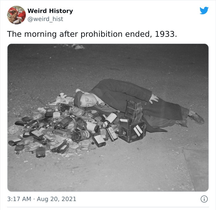 odd history facts and pics  - superbowl 55 meme - Weird History The morning after prohibition ended, 1933.