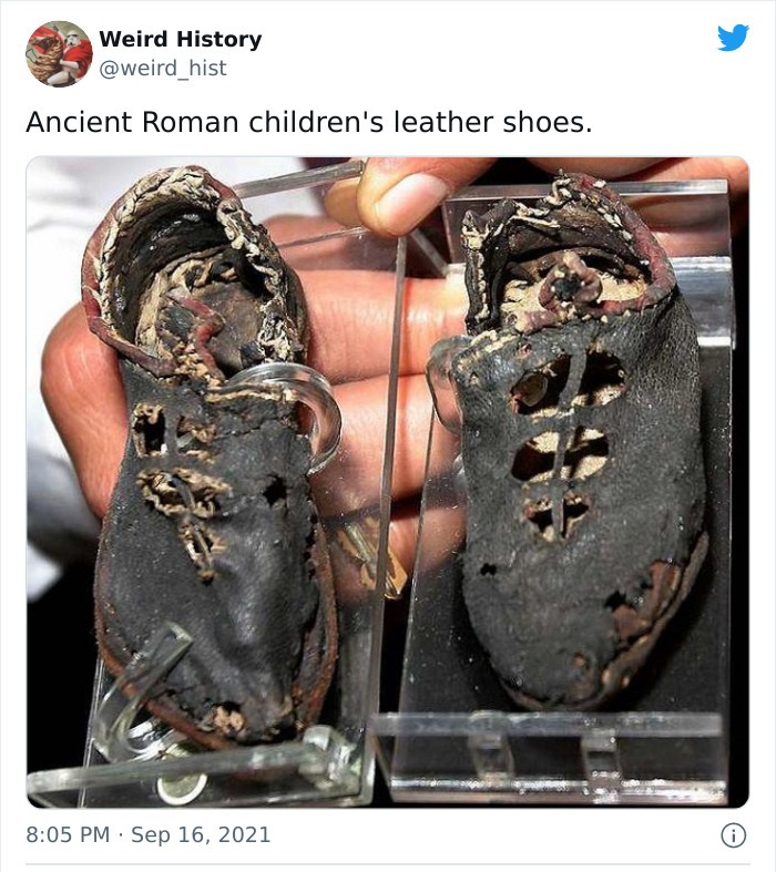 odd history facts and pics  - 2000 year old child shoes - Weird History hist Ancient Roman children's leather shoes. .