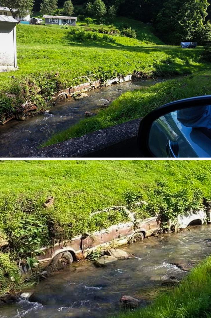 “Old cars becoming the river bank.”