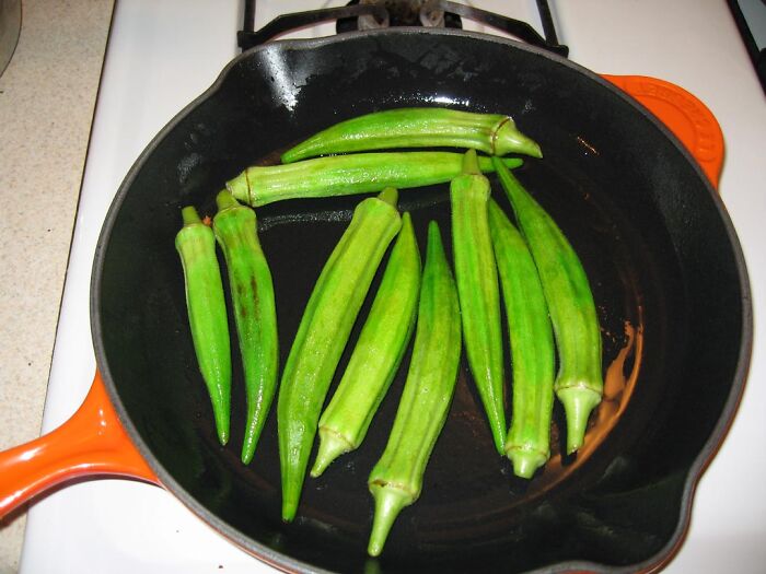 Boiled okra. Okay this is a special.southern answer to this question