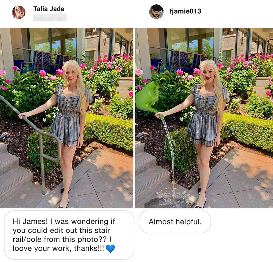 james fridman - Talia Jade fjamie013 Almost helpful. Hi James! I was wondering if you could edit out this stair railpole from this photo?? | loove your work, thanks!!!