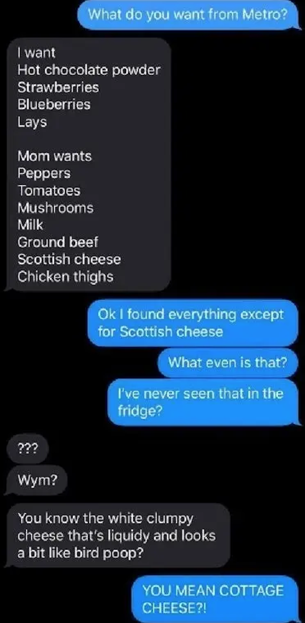 funny autocorrect fails and typos - screenshot - What do you want from Metro? I want Hot chocolate powder Strawberries Blueberries Lays Mom wants Peppers Tomatoes Mushrooms Milk Ground beef Scottish cheese Chicken thighs Ok I found everything except for S