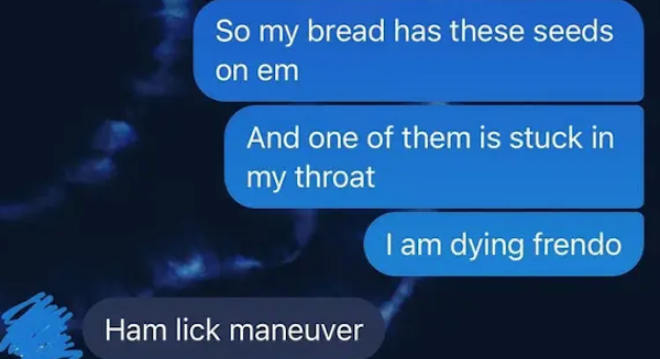 funny autocorrect fails and typos - online advertising - So my bread has these seeds on em And one of them is stuck in my throat I am dying frendo Ham lick maneuver
