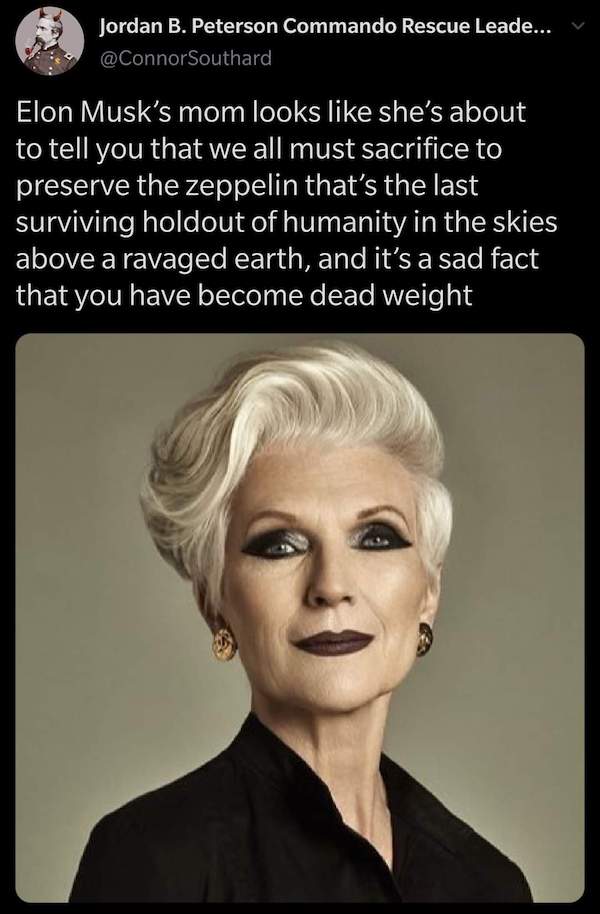 maye musk - Jordan B. Peterson Commando Rescue Leade... Southard Elon Musk's mom looks she's about to tell you that we all must sacrifice to preserve the zeppelin that's the last surviving holdout of humanity in the skies above a ravaged earth, and it's a