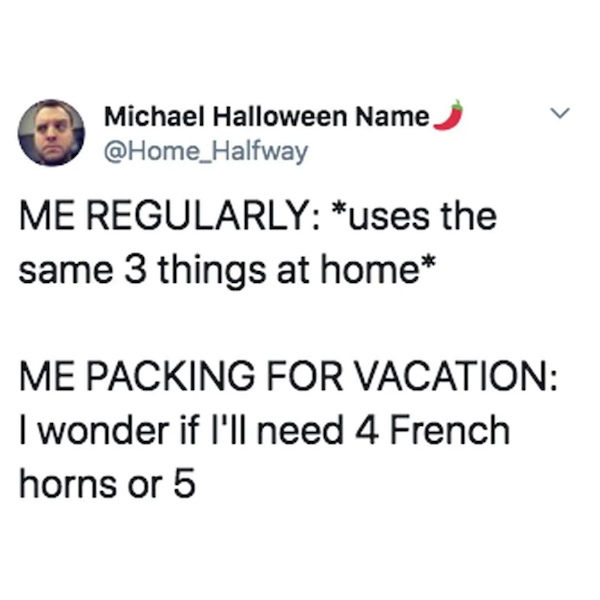 wonder if i ll need 4 french horns -  Michael Halloween Name Me Regularly uses the same 3 things at home Me Packing For Vacation I wonder if I'll need 4 French horns or 5
