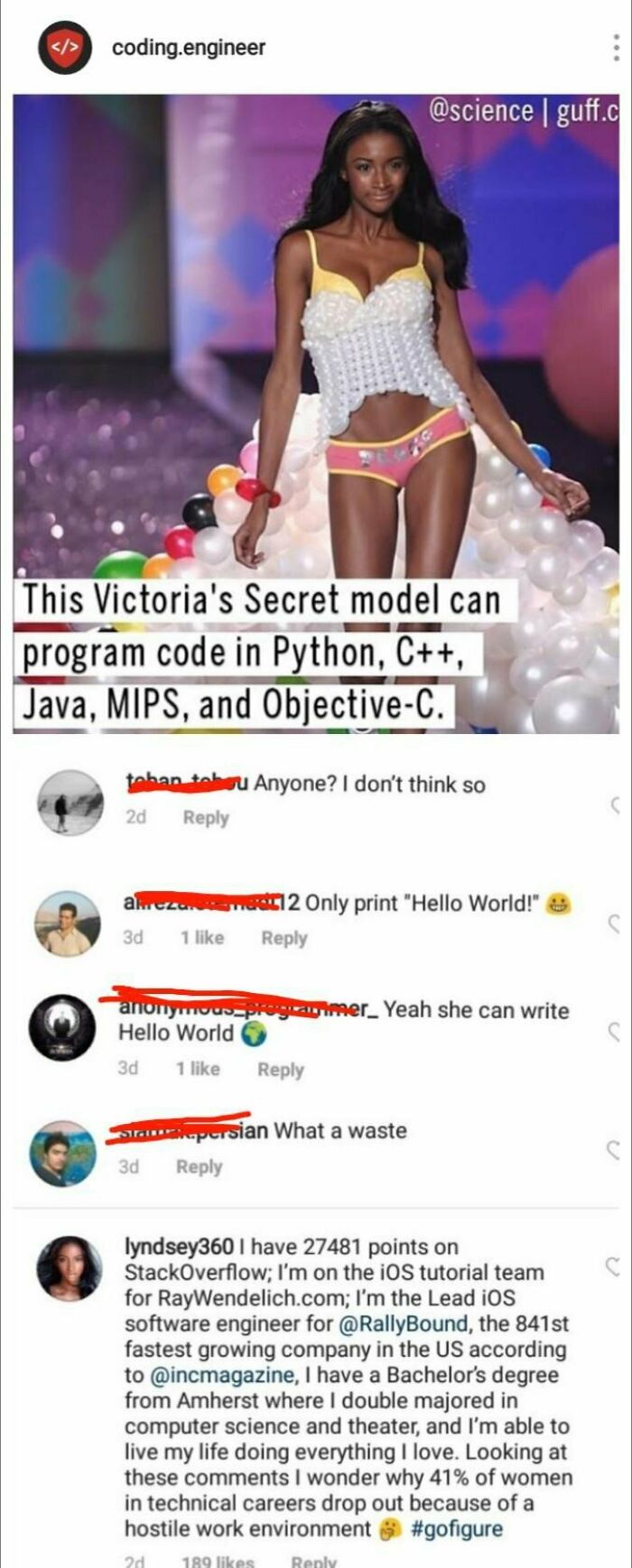 didn't know who talking to - shoe - coding.engineer | guff.c This Victoria's Secret model can program code in Python, C, Java, Mips, and ObjectiveC. tahan tahu Anyone? I don't think so 2d alcza 12 Only print "Hello World!" 3d 1 anonymous prezizurimer_ Yea