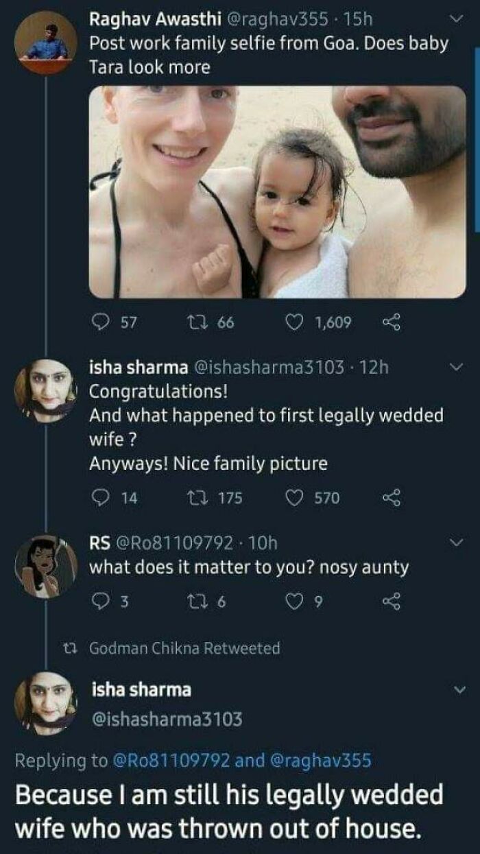didn't know who talking to - photo caption - Raghav Awasthi . 15h Post work family selfie from Goa. Does baby Tara look more 57 27 66 1,609 isha sharma 12h Congratulations! And what happened to first legally wedded wife? Anyways! Nice family picture O 14 