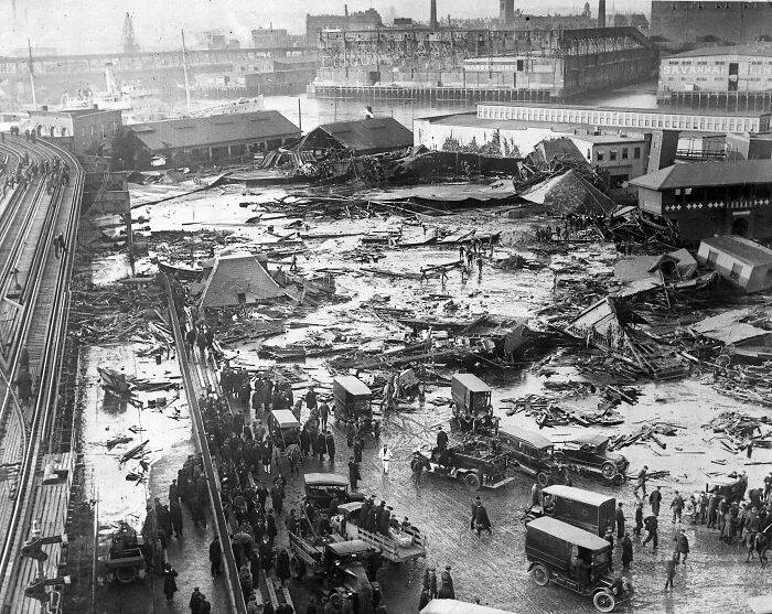The Great Molasses Flood, Jan.15, 1919. Massive wave of molasses from a broken tank flooded the area. It killed 51 people and injured 150. 2.3 million US gallons.
