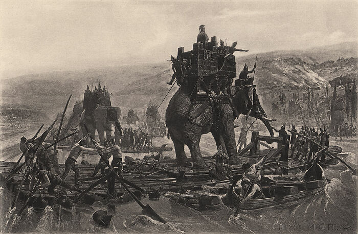 Hannibal marching elephants over the Alps to attack Italy.