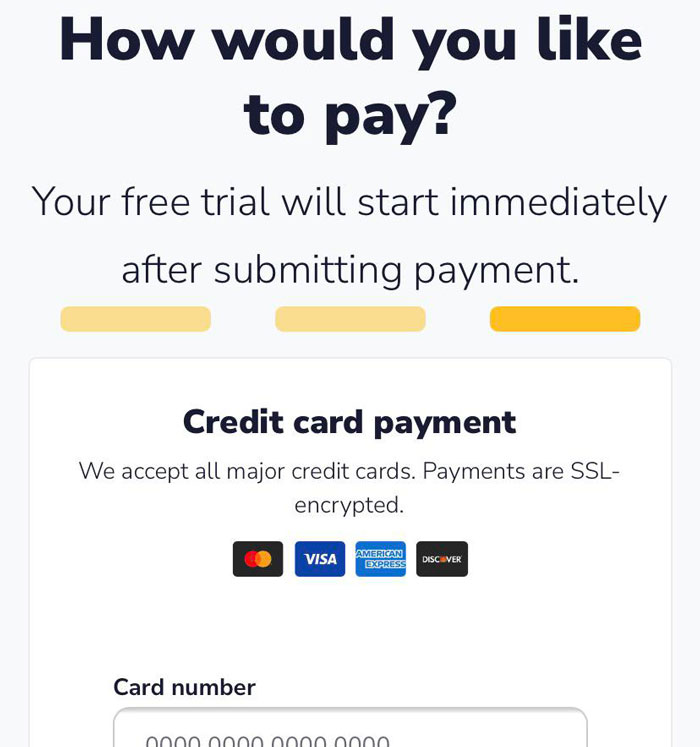 organization - How would you to pay? Your free trial will start immediately after submitting payment. Credit card payment We accept all major credit cards. Payments are Ssl encrypted. Visa American Express Discover Card number