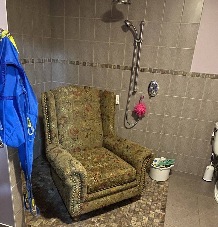 “Not quite a shower chair but it’ll do until it starts to reek.”