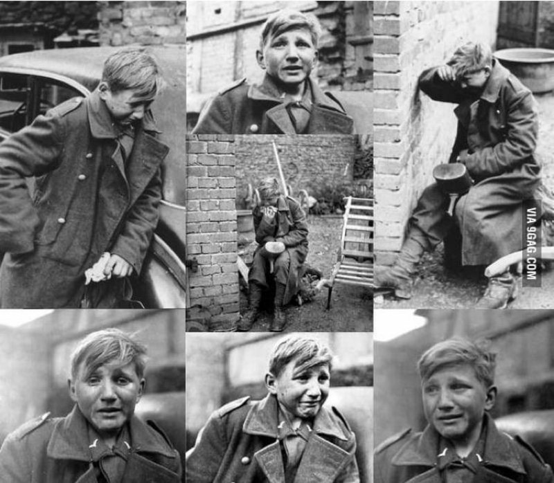 Hans-Georg lost his father in 1938, his mother died in 1944 His family was destitute and he needed to find work to support them. At 15 he joined the Luftwaffe.This is a 16 year old hans crying as he is being captured by the US 9th Army in Germany on April the 3rd 1945