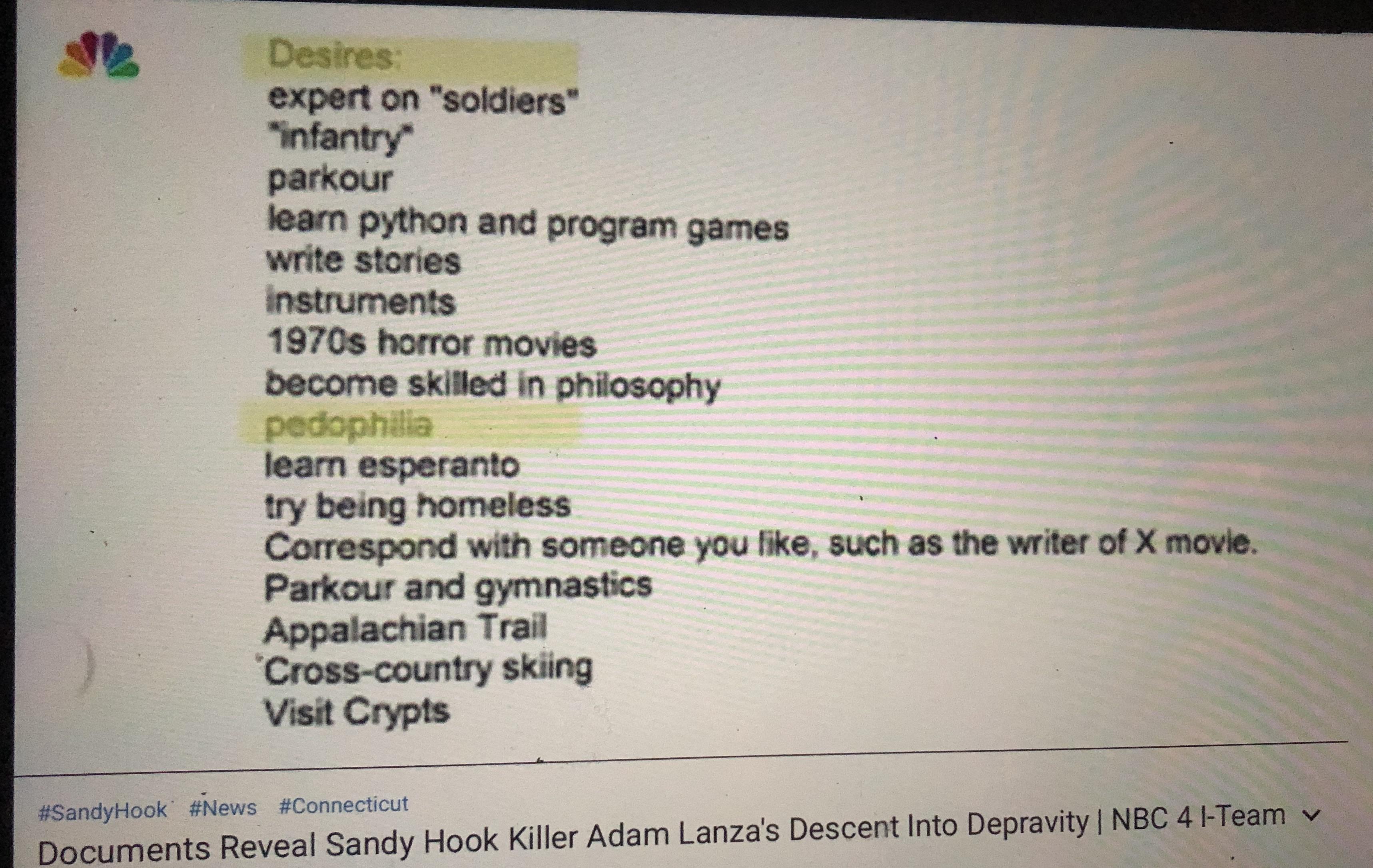 “Bucket List” of Sandy Hook school shooter, Adam Lanza