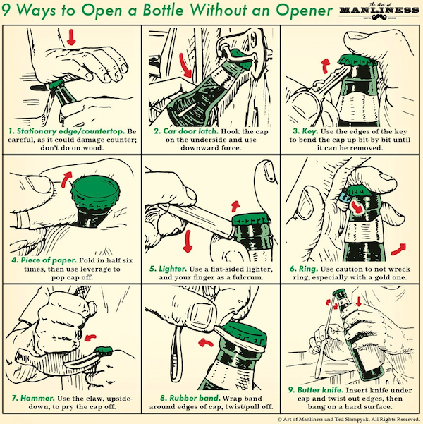 open a bottle without an opener - 9 Ways to Open a Bottle Without an Opener Mans 1. Stationary odgocountertop. Be careful, as it could damage counter don't do on wood 2. Car door latch. Hook the cap on the underside and use downward force 3. Key. Use the 