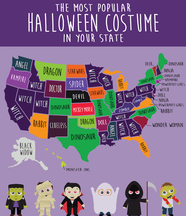 popular halloween costumes - The Most Popular Halloween Costume In Your State Angel Deer Vampire Dragon Star Wars Spider Witch Witch Doctor Rabbit Dinosaur Dinosaur Ninja Dinosaur Vampire Powerpuff Girls Witch Doll Ninja Powerpuff Girls Rabbit Star Wars W