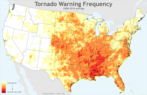 tornado warning frequency - 3 Tornado Warning Frequency 20082016 average Infrequent Several per year Bustornadoes | Data Iem
