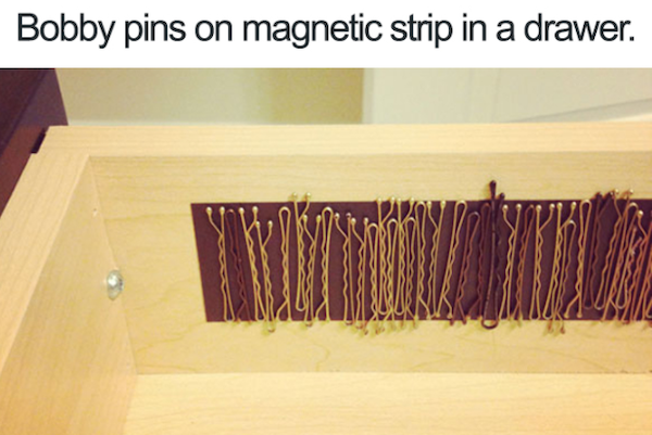 life hacks - ways to store bobby pins - Bobby pins on magnetic strip in a drawer.